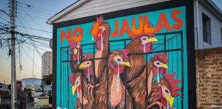 Mural gigante pide mejores condiciones en la producción de huevos vendidos por multinacional minorista
