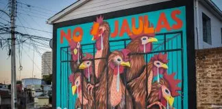 Mural gigante pide mejores condiciones en la producción de huevos vendidos por multinacional minorista